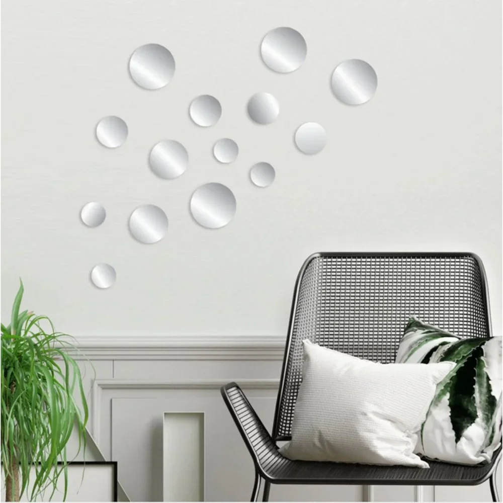 14Pc Peel & Stick Self-Adhesive Silver Circle Wall Acrylic Mirror Decals